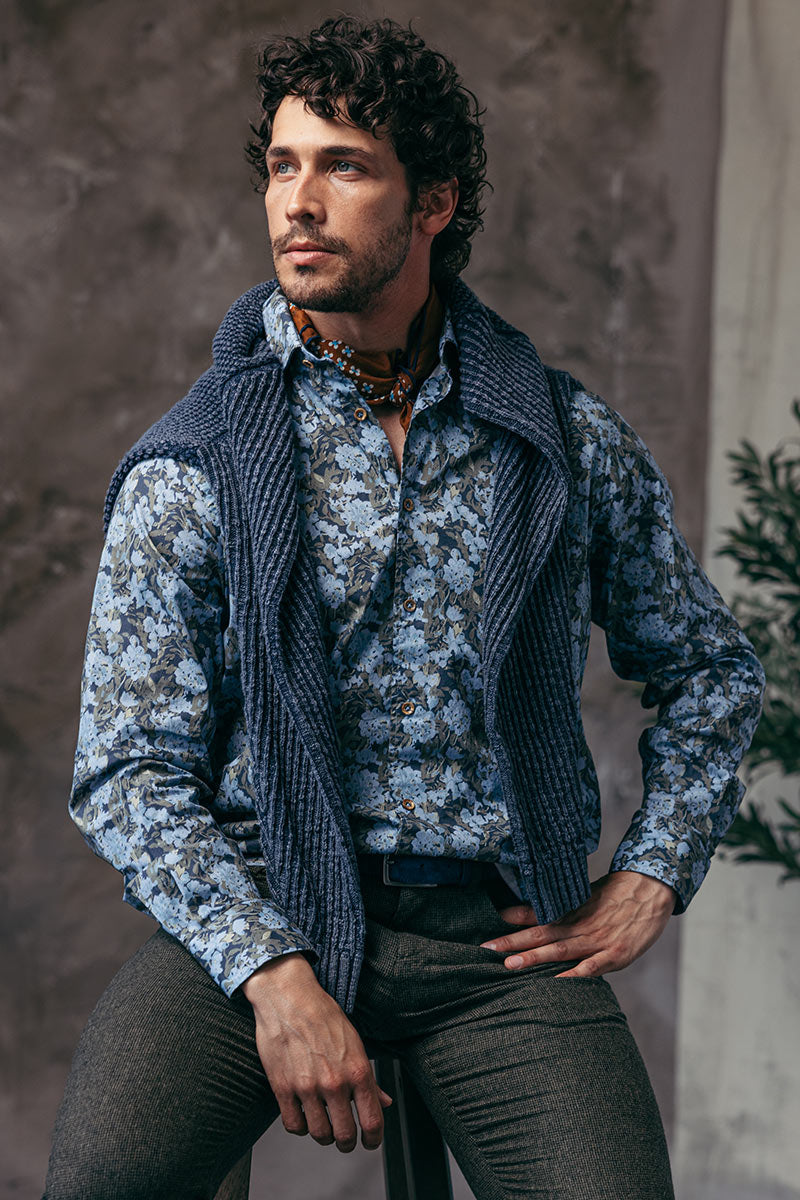 Male model wearing Shaded Floral Print Long-Sleeve Sport Shirt by Borgo28