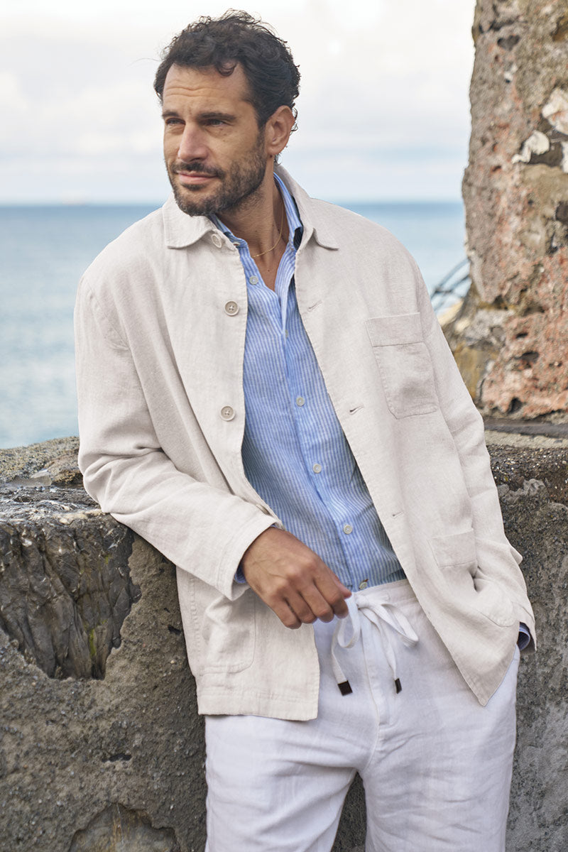 Male model wearing Borgo28 Linen Chore Coat