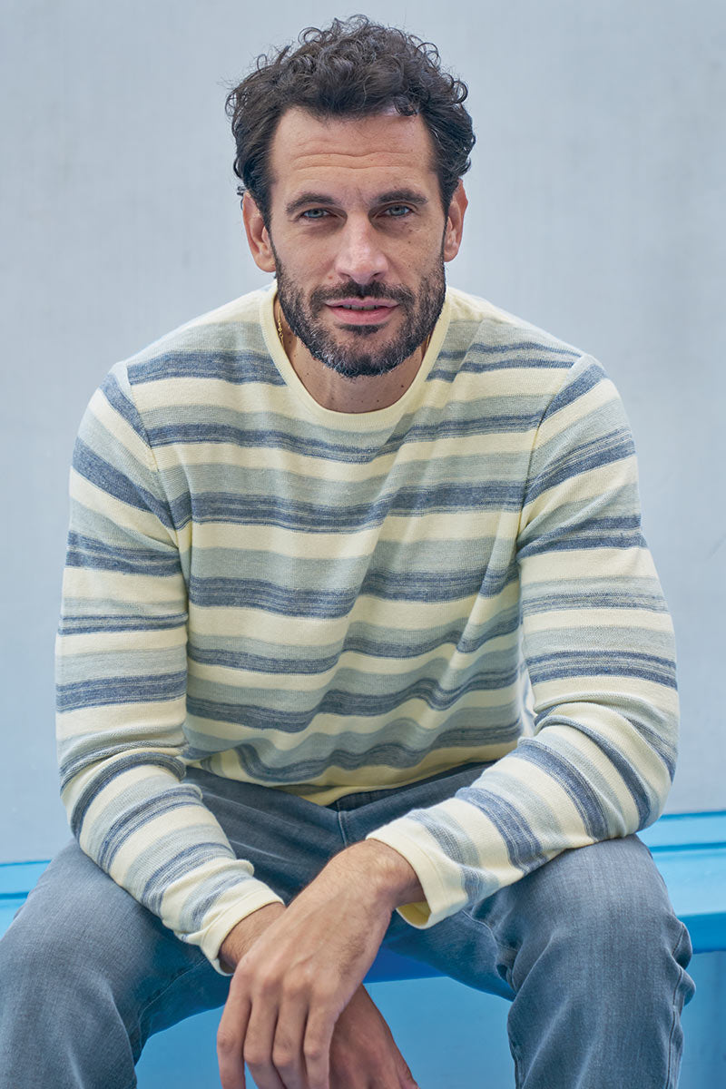 Male model wearing Striped Linen-Cotton Crewneck Sweater by Borgo28
