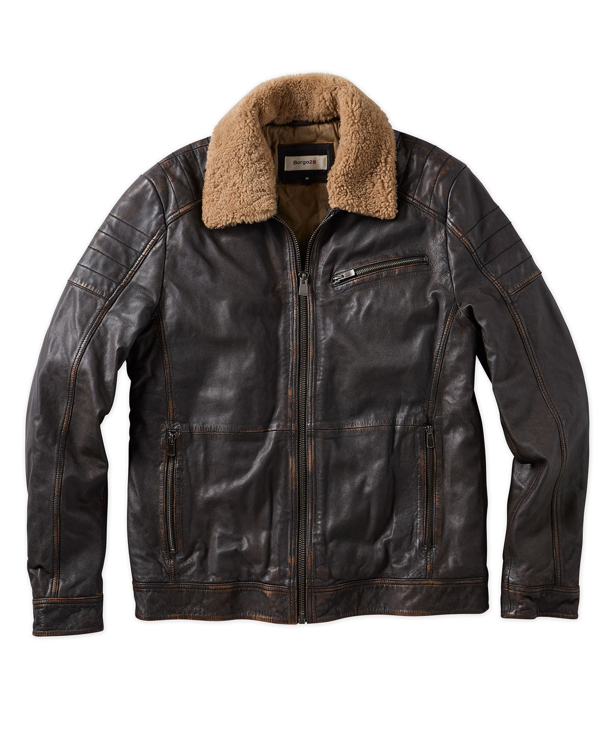 Stonewashed Leather Bomber with Sherpa Collar