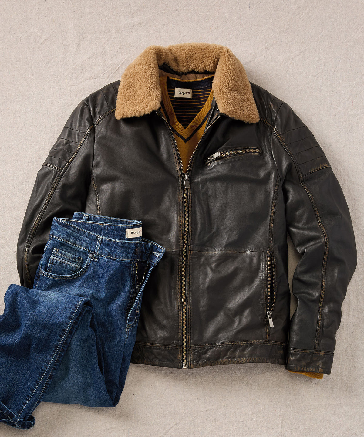 Stonewashed Leather Bomber with Sherpa Collar