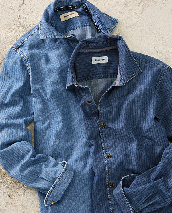 Denim Herringbone Long-Sleeve Sport Shirt by Borgo28