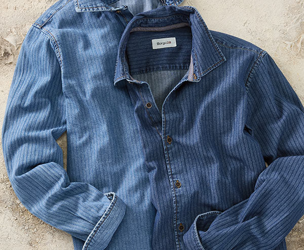 Denim Herringbone Long-Sleeve Sport Shirt by Borgo28