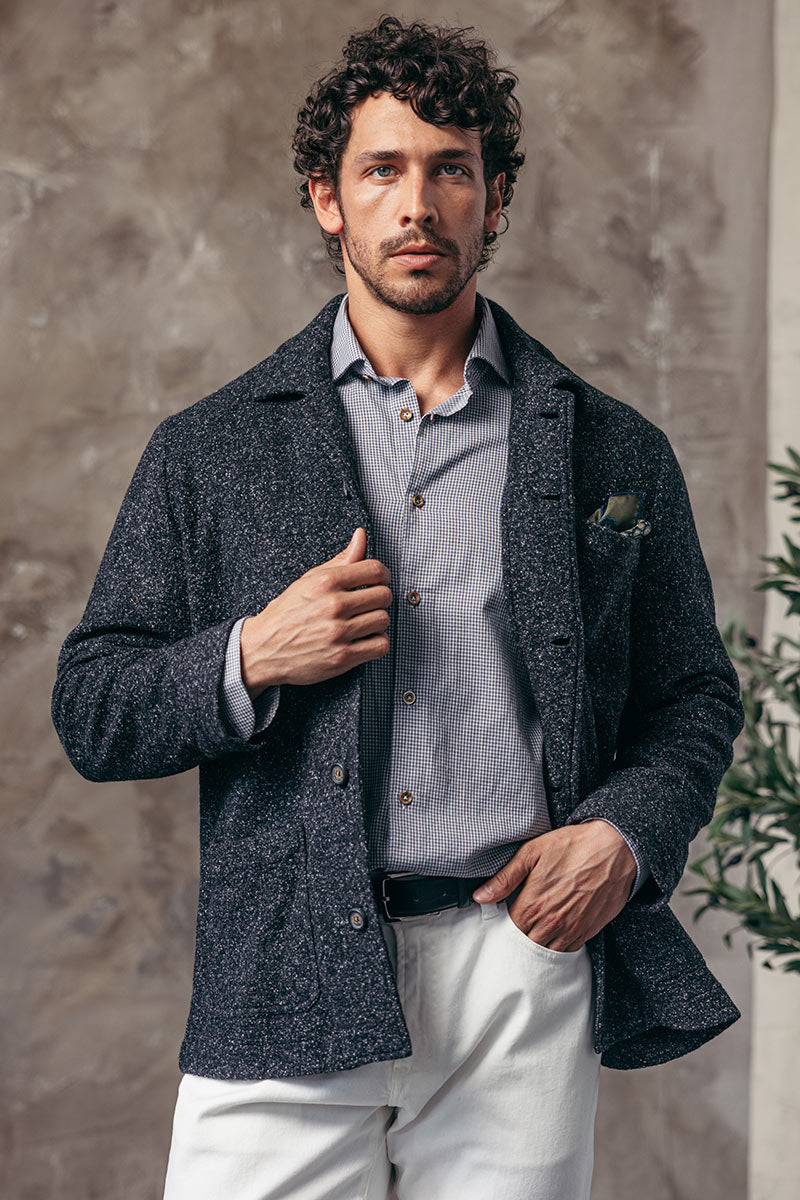 Male model wearing Light Knit Chore Jacket by Borgo28