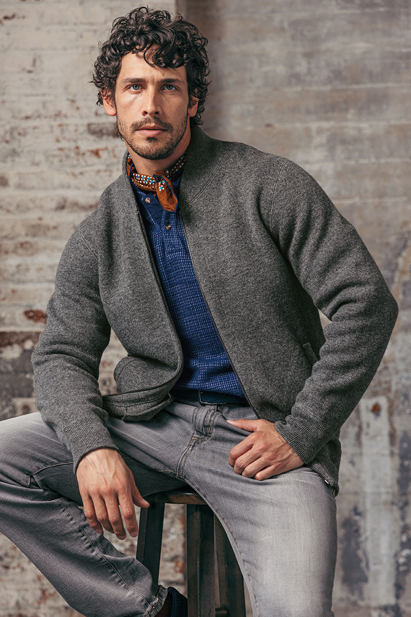 Male model wearing Wool-Cashmere Zip-Front Bomber Jacket by Borgo28