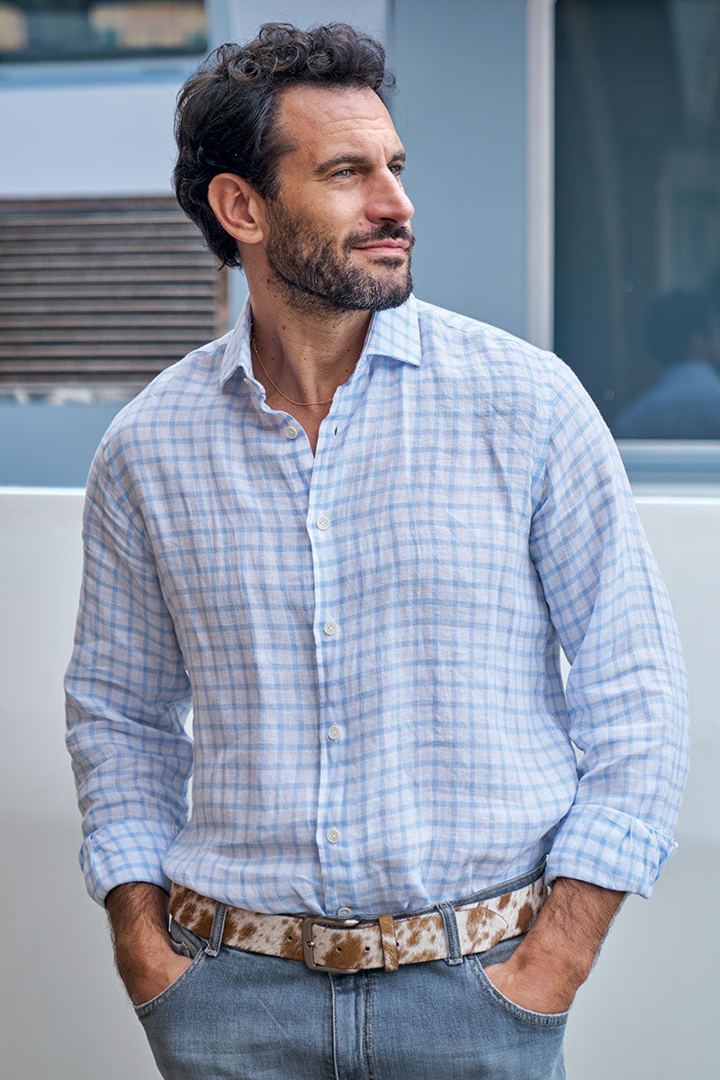 Male model wearing Windowpane Plaid Linen Long-Sleeve Shirt by Borgo28